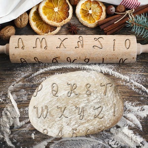 Alphabet décoratif, lettres, chiffres, rouleau à pâtisserie pour biscuits, rouleau à pâtisserie gravé, rouleau à pâtisserie pour gaufrage, rouleau avec motif