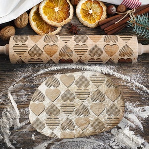 Hearts, Geometric Pattern, Valentine&#39;s Day  Rolling Pin for Cookies, Engraved Rolling-pin, Embossing Rolling Pin, Roller with Your Patter