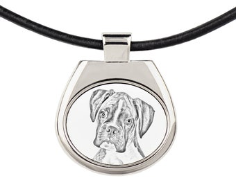 Boxer Necklace with a sketch style dog, Pendant with graphics, Necklace with photo, Metal Hanger, Leather Cord, Thong