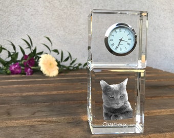 Chartreux Engraved Crystal Clock, Crystal clock with cat, Standing Decoration with Cat, Custom Clock, Personalized Photo