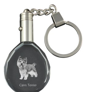以下が含まれることがあります： Cairn Terrierの犬種が刻まれたクリスタルチャームが付いたシルバーキーチェーン。チャームには「Cairn Terrier」という文字が刻まれています。