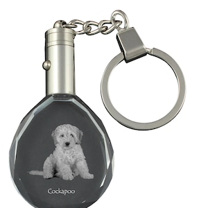 May include: A silver crystal keychain with a black and white image of a Cockapoo puppy inside. The keychain has a silver ring and a silver chain.