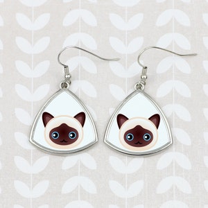 Earrings with a geometric cat,Birman, Hanging earrings with graphics, Hypoallergenic metal, Jewelry with cats, Cat person gift