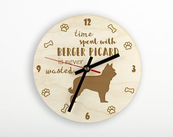 Berger Picard A clock with a dog, wooden clock, wall clock for dog lovers, desk and shelf clock. Custom, high quality engraving