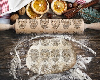 Dia de Muertos, têtes de mort, rouleau à pâtisserie d'Halloween pour biscuits, rouleau à pâtisserie gravé, rouleau à pâtisserie pour gaufrage, rouleau avec motif
