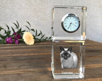 Siamese Engraved Crystal Clock, Crystal clock with cat, Standing Decoration with Cat, Custom Clock, Personalized Photo