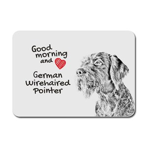 Op de afbeelding: Een zwart-witte illustratie van een Duitse Draadhaarwijzer met de tekst "Good morning and" en een rood hart. De tekst "German Wirehaired Pointer" is ook inbegrepen.