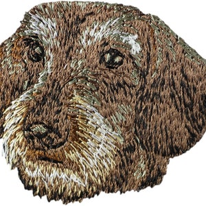 Op de afbeelding: Een geborduurde patch met de kop van een ruwharige hond. Het ontwerp gebruikt draden in bruin-, beige- en wittinten voor een textuurrijk uiterlijk, met zwarte stiksels die de ogen, neus en mond definiëren tegen een witte achtergrond.