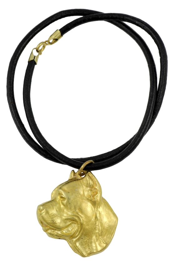Cane Corso Necklace Gold Plated Dog Pendant on a Leather Cord