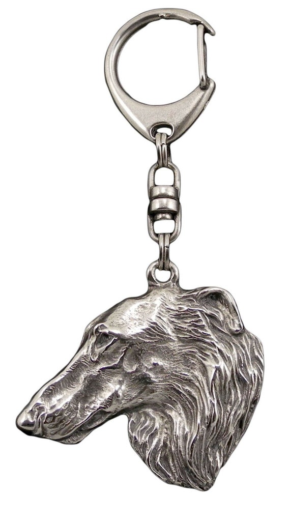 Borzoi Keyring, Russian Wolfhound Head, Handmade Silver-plated Dog