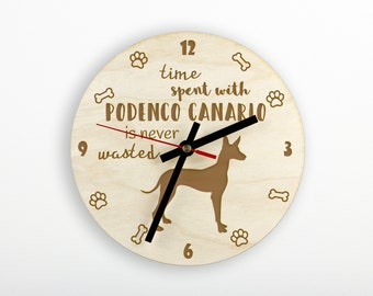 Podenco Canario A clock with a dog, wooden clock, wall clock for dog lovers, desk and shelf clock. Custom, high quality engraving