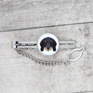 Tie clip with a geometric dog, Dachshund Wirehaired, Tieclip with graphics, Men Jewelry with dogs, Tie clasp with chain image 1