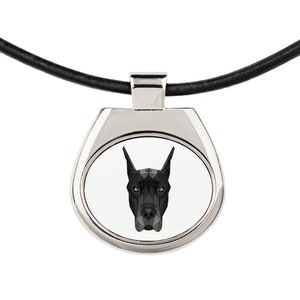 Necklace with a geometric dog, Great Dane, Pendant with graphics, Metal Hanger, Leather Cord, Thong