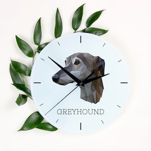 A clock with a dog, Greyhound, glass clock, a wall clock for dog lovers. High quality print. Geometric dog