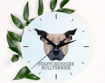 A clock with a dog, Staffordshire Bullterrier, glass clock, a wall clock for dog lovers. High quality print. Geometric dog