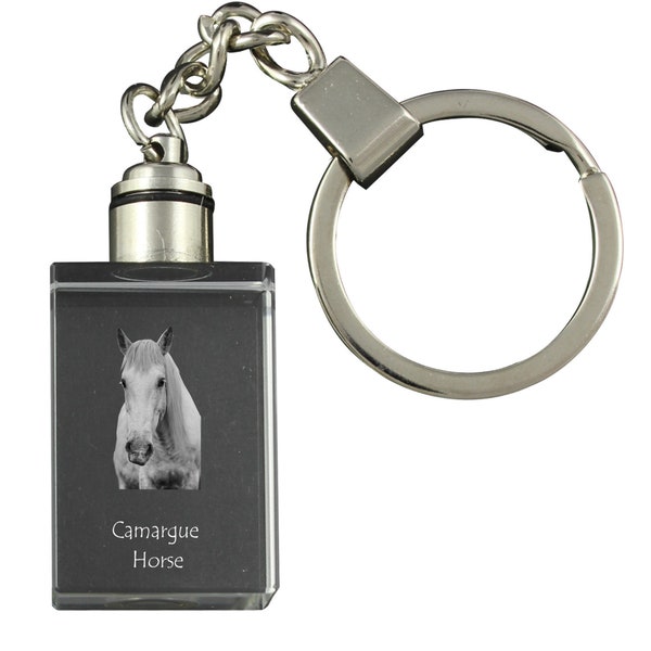 Porte-clés cristal Cheval de Camargue avec un cheval, Porte-clés cristal gravé, Porte-clés personnalisé, Votre photo