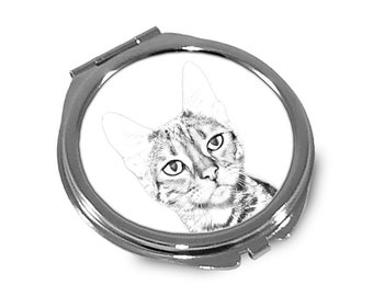 Toyger Cat Pocket mirror, sketch style graphic of a cat. Two mirrors inside. Compact mirror, Handheld mirror, Hand mirror, Animals