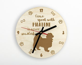 Phalene A clock with a dog, wooden clock, wall clock for dog lovers, desk and shelf clock. Custom, high quality engraving