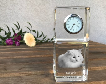 Turkish Angora Cat Engraved Crystal Clock, Crystal clock with cat, Standing Decoration with Cat, Custom Clock, Personalized Photo