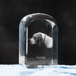 May include: A clear glass paperweight with a black and white image of a Pointer dog inside. The paperweight has the word "Pointer" inscribed on the bottom.
