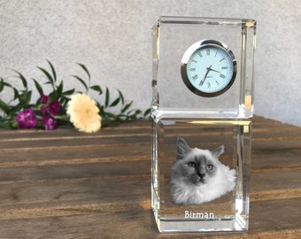 Birman Engraved Crystal Clock, Crystal clock with cat, Standing Decoration with Cat, Custom Clock, Personalized Photo