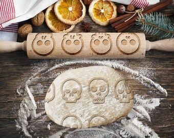 Têtes de mort, Halloween, gothique, biscuits effrayants, rouleau à pâtisserie emoji pour biscuits, rouleau à pâtisserie gravé, rouleau à pâtisserie pour gaufrage, rouleau avec motif