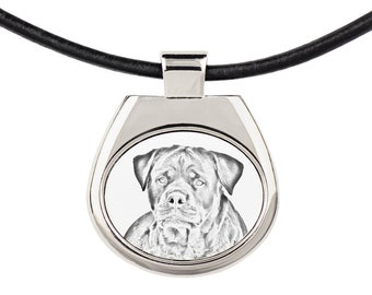 Rottweiler Necklace with a sketch style dog, Pendant with graphics, Necklace with photo, Metal Hanger, Leather Cord, Thong