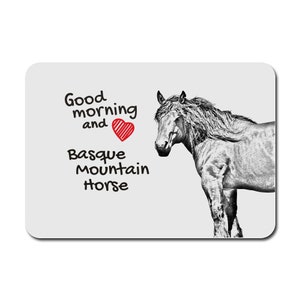 Könnte beinhalten: Ein Schwarzweißbild eines Baskischen Bergpferdes mit dem Text "Good morning and" und einem roten Herzen. Der Text "Basque Mountain Horse" ist ebenfalls enthalten.
