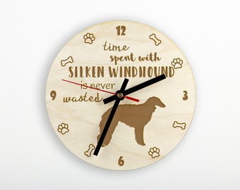 Silken Windhound A clock with a dog, wooden clock, wall clock for dog lovers, desk and shelf clock. Custom, high quality engraving