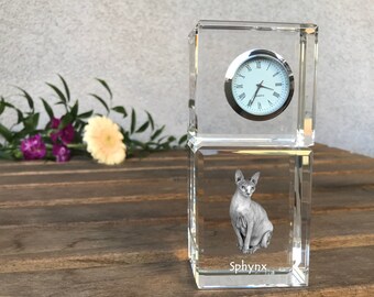 Sphynx Engraved Crystal Clock, Crystal clock with cat, Standing Decoration with Cat, Custom Clock, Personalized Photo