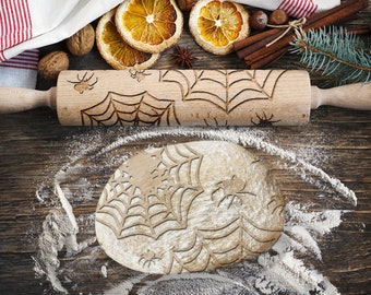 Araignées, toile, Halloween, rouleau à pâtisserie effrayant pour biscuits, rouleau à pâtisserie gravé, rouleau à pâtisserie pour gaufrage, rouleau avec motif