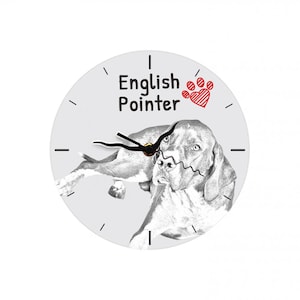 May include: A white clock with black hands and a black and white illustration of an English Pointer dog. The clock face also has the text "English Pointer" and a red paw print with a red heart.