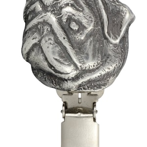 Pug Dog show number holder, Exhibit number clip, Dog number ring clip, Silver plated dog brooch, Dog show accessory