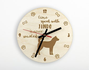 Jindo A clock with a dog, wooden clock, wall clock for dog lovers, desk and shelf clock. Custom, high quality engraving