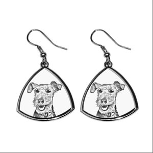May include: A pair of silver triangle-shaped earrings with a black and white image of a wirehaired terrier dog on each earring.