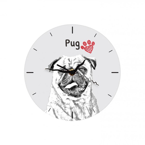 A clock with a dog, Pug, MDF clock, a wall and table clock for dog lovers. Sketch style. High quality print