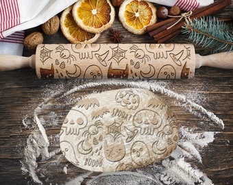 Halloween effrayant, fantôme, chat, lune, rouleau à pâtisserie araignée pour biscuits, rouleau à pâtisserie gravé, rouleau à pâtisserie pour gaufrage, rouleau avec votre motif