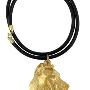 Presa Canario, Perro de Presa Canario Necklace, Gold Plated Dog Pendant on a Leather Cord, Natural Thong, Unisex, Gift Box