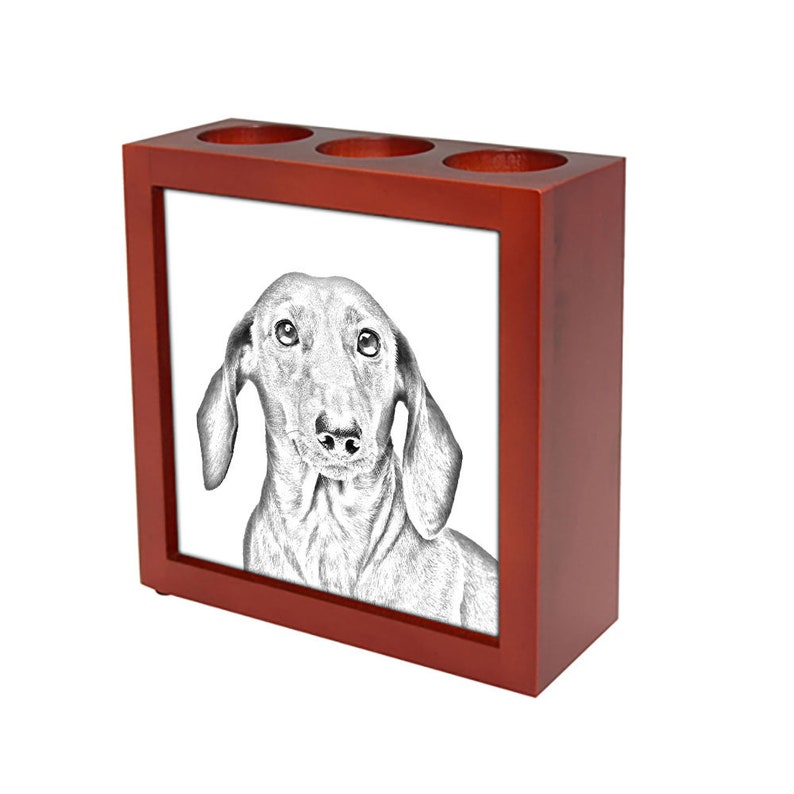 Dachshund Pen holder with dog, wooden pencil stand with photo, brush holder, custom stationery, desk organizer image 1