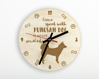 Pungsan dog A clock with a dog, wooden clock, wall clock for dog lovers, desk and shelf clock. Custom, high quality engraving