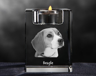 Beagle Crystal Candle Holder with a dog, Engraved Crystal Tealight Holder, Custom Candleholder, Your photo