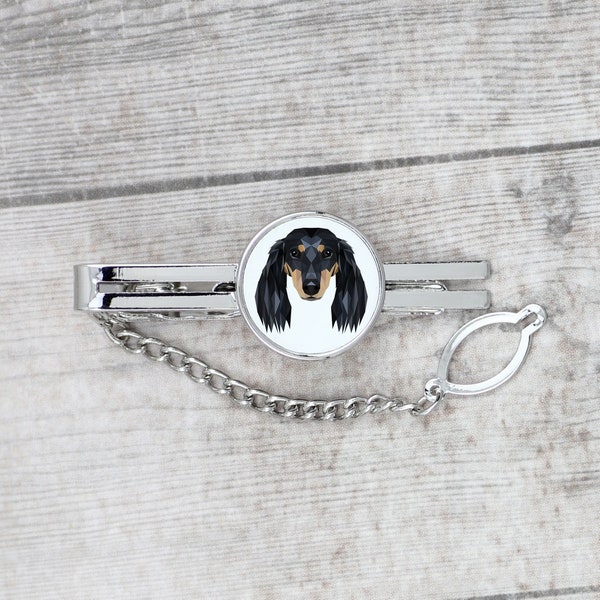 Tie clip with a geometric dog, Dachshund, Tieclip with graphics, Men Jewelry with dogs, Tie clasp with chain