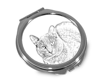 Korat Cat Pocket mirror, sketch style graphic of a cat. Two mirrors inside. Compact mirror, Handheld mirror, Hand mirror, Animals