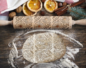 Flowers Rolling Pin for Cookies, Engraved Rolling-pin, Embossing Rolling Pin, Roller with Your Patter