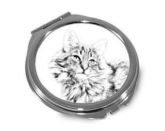 Norwegian Forest Cat Pocket mirror, sketch style graphic of a cat. Two mirrors inside. Compact mirror, Handheld mirror, Hand mirror, Animals