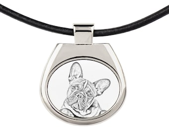 French Bulldog Necklace with a sketch style dog, Pendant with graphics, Necklace with photo, Metal Hanger, Leather Cord, Thong