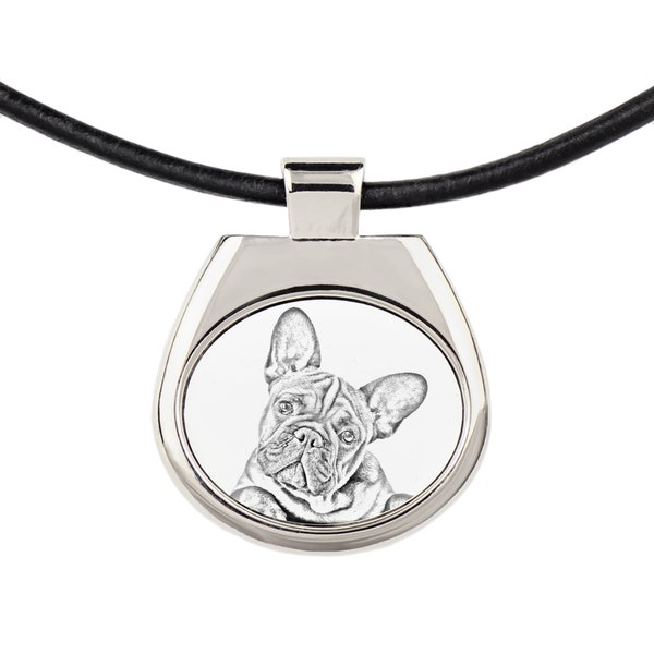 Collier bouledogue français avec un chien de style croquis, pendentif avec graphisme, collier avec photo, cintre en métal, cordon en cuir, string