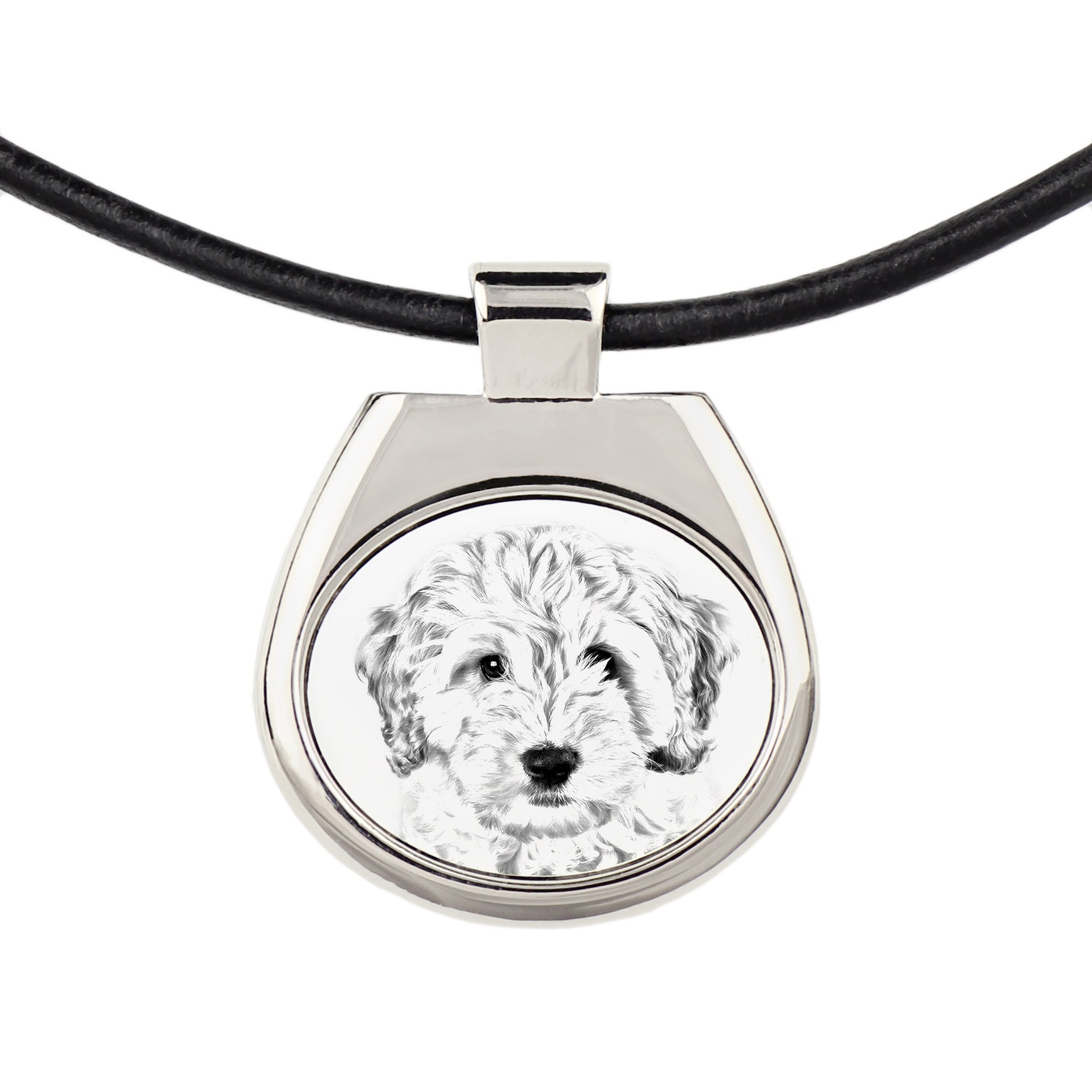 Cockapoo Necklace with a sketch style dog, Pendant with graphics, Necklace with photo, Metal Hanger, Leather Cord, Thong