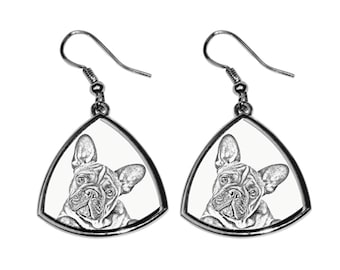 French Bulldog Earrings with a dog, Hanging, Triangle earrings with graphics, Hypoallergenic metal, Jewelry with dogs, Dog person gift