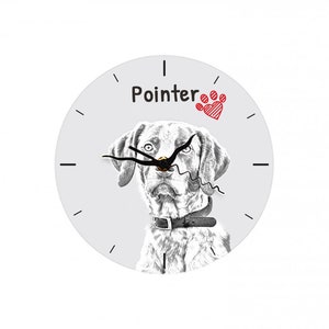 May include: A gray and white clock with a black and white illustration of a dog. The clock face says "Pointer" with a red paw print.